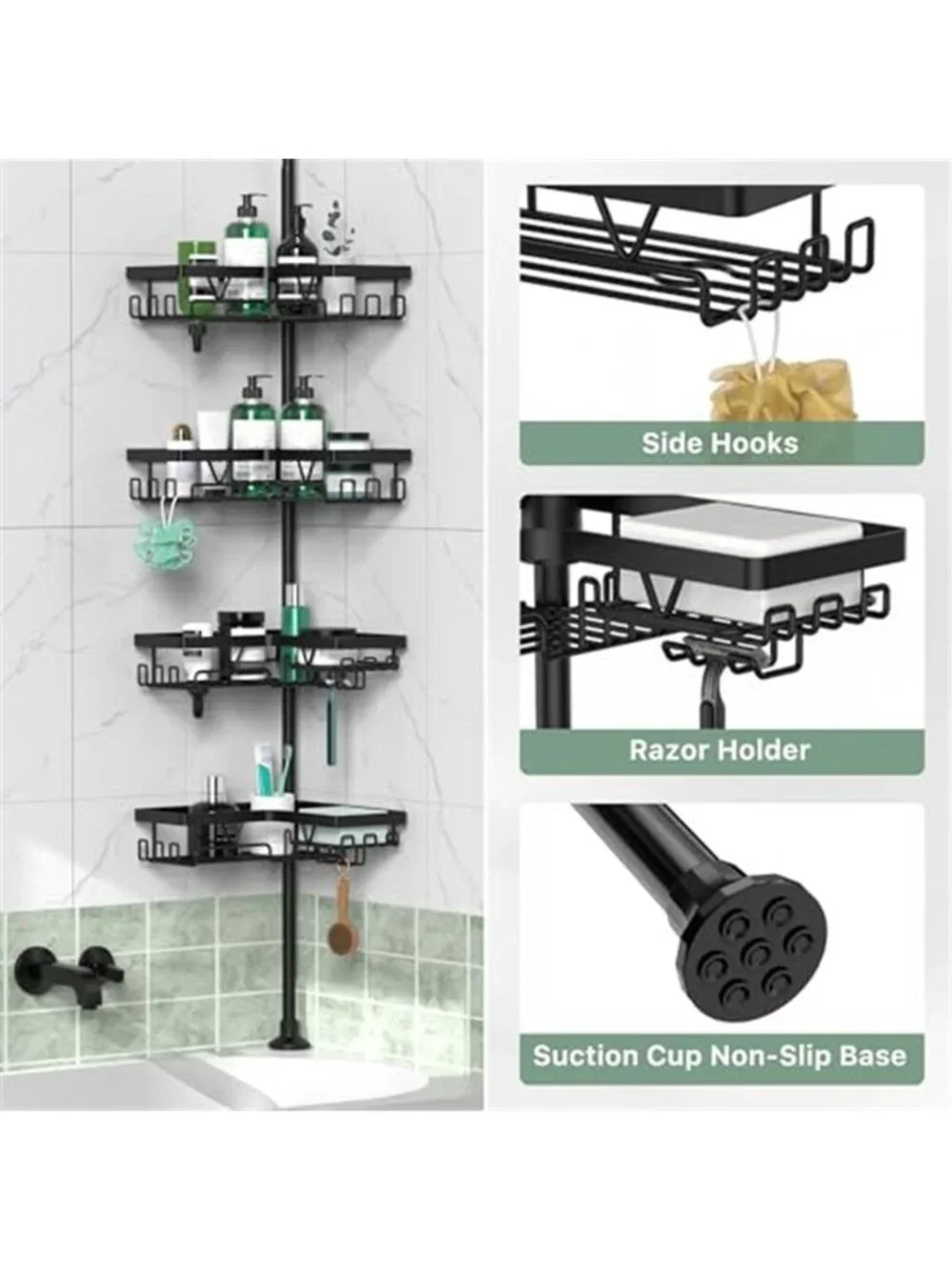 Corner Shower Caddy Adjustable 4 Tier Tension Pole Bathroom Organizer Rustproof